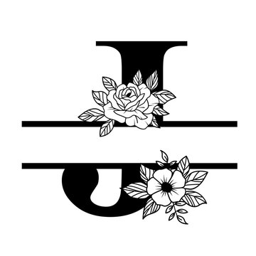 Letter J Floral Split Monogram SVG Rose Flower Initial Design for Cricut Silhouette Personalized Gifts