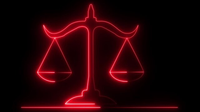 Glowing neon line Scales of justice icon isolated on black background. Court of law symbol. Balance scale sign. animation