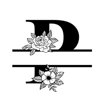 Letter D Floral Split Monogram SVG Rose Flower Initial Design for Cricut Silhouette Personalized Gifts