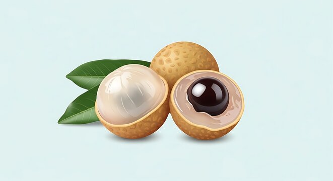 Fresh longan fruit with peeled pulp black seed and green leaves illustration