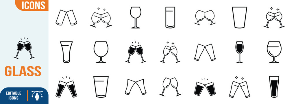 Drinking glasses celebration toast vector icons. glass icon set, wine icon set, flute icon set
