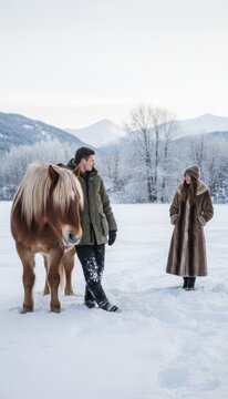 Man standing near brown horse looking at a smiling woman who stands apart in a winter landscape, conveying a romantic moment and concept of falling in love during a cold season.