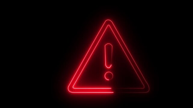 Animation of glowing neon Warning attention icon signal , alert , risk , safety, danger road warning sign animated .neon sign Warning alert icon isolated on black background