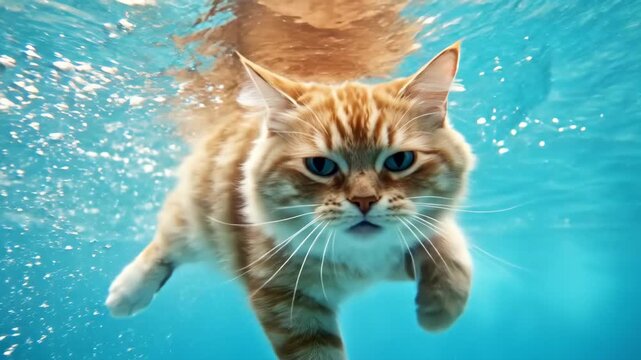 A cute kitten swims underwater in clear blue water. Adorable cat diving in the ocean for funny pet adventure concept.