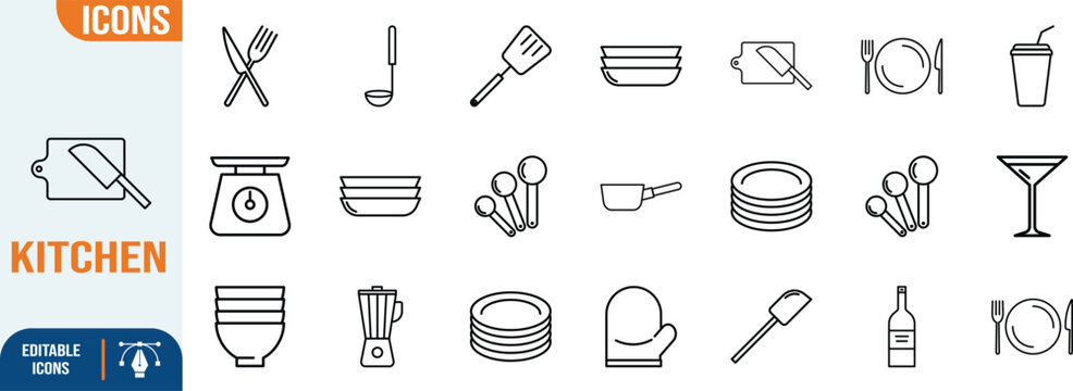 Kitchen cooking utensils tableware vector icons. plate icon set, fork icon set, spatula icon set