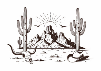 Desert cactus western landscape hand drawn vector illustration, © Rujon