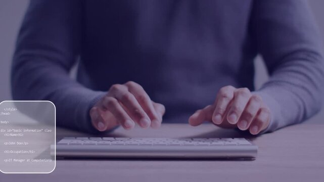 Dev typing on keys, code (HTML or CSS) overlays appearing or shifting or fading, editing form, hands