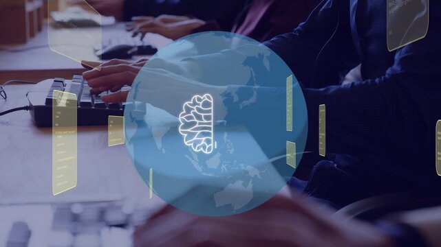 Row typists typing keyboards in tech office, initiating globe panels morphing into cloud AI brain