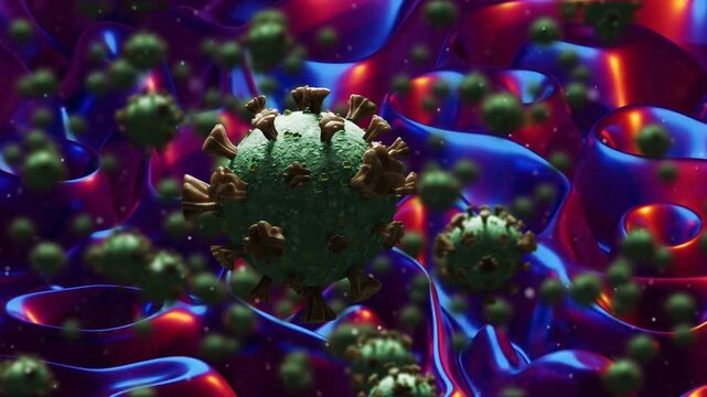 Camera pushing, central spiky sphere rotating as small spheres orbiting, revealing spikes on ribbon