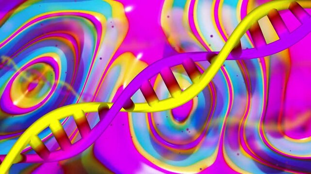 Twin helix ribbons emerging left, sliding diagonal and rotating over marble backdrop, forming loop