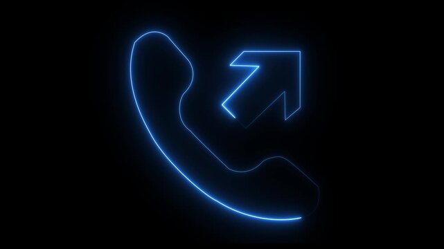 Neon outgoing call icon glowing green phone receiver with arrow symbol on dark background.
