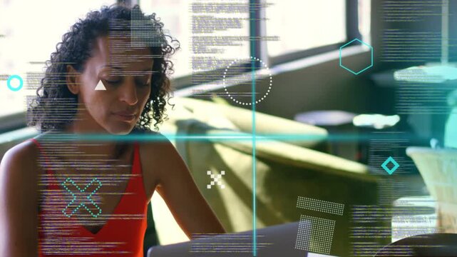 Mature woman typing in lounge, activating HUD overlays scanning code across face for tech demo