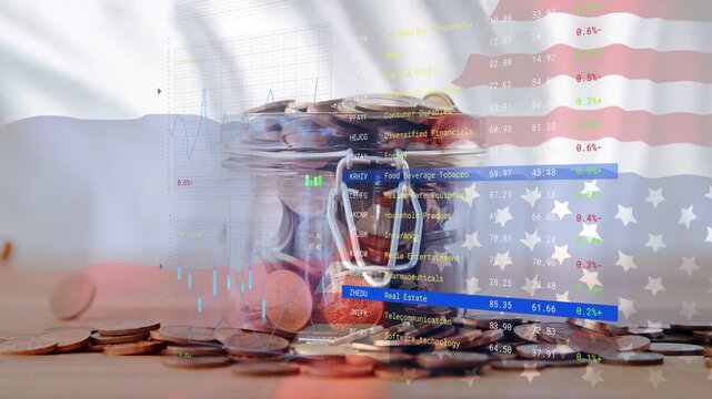 Hand tossing coins into jar, bouncing and spilling, showing savings growth under flag and markets