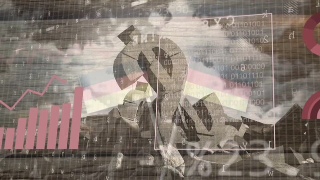 Digital overlays appearing over monument, pink bars growing, trend line rising, visualising data