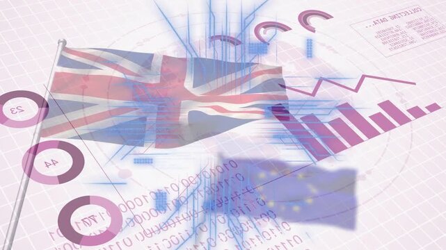 Donuts appearing, UK flag sending data lines linking EU shadow, bars rising showing upward trend