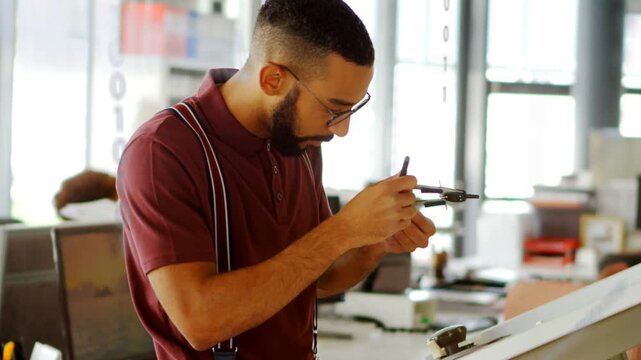 Engineer placing caliper on part, measuring, rotating, marking, with animated dims aiding design
