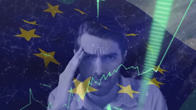Man holding hand to temple, reacting to escalating European finance graphs overlaying EU stars