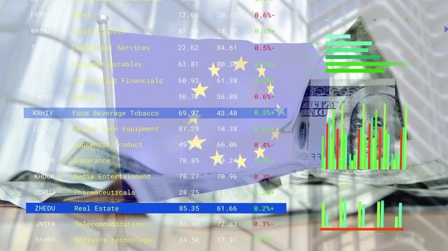 Ticker fading over EU flag, rippling, bill folding into house, bars rising for markets