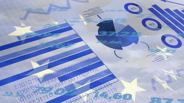 Financial graphics receiving data feed, rotating wedges, extending bars, showing market trends