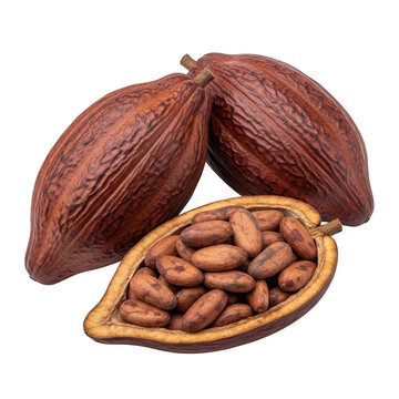 Cocoa pods with one cut open showing beans inside isolated on transparent background