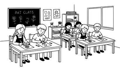 Kids Art Class Drawing Flowers School Activity Black White Vector Design © Shaha