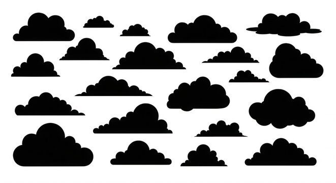 A collection of various cloud shapes outlined in thin white lines on a solid black background, set of weather