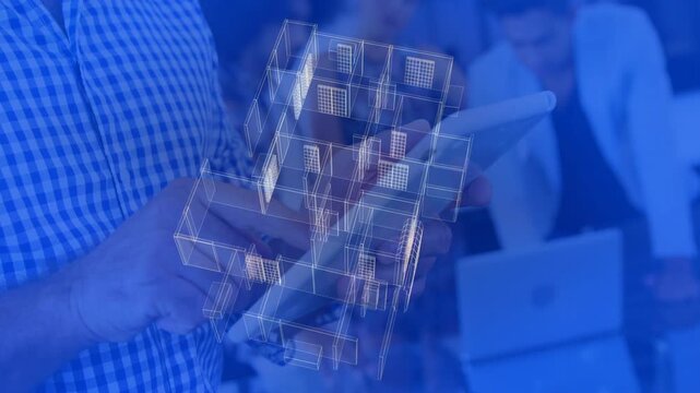Presenter holding tablet and tapping screen, rotating 3D wireframe floorplan for design review