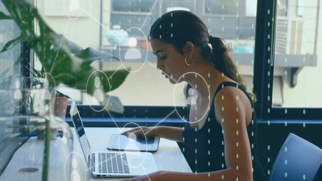 Woman tapping phone then using tablet and typing on laptop, network overlays growing for business