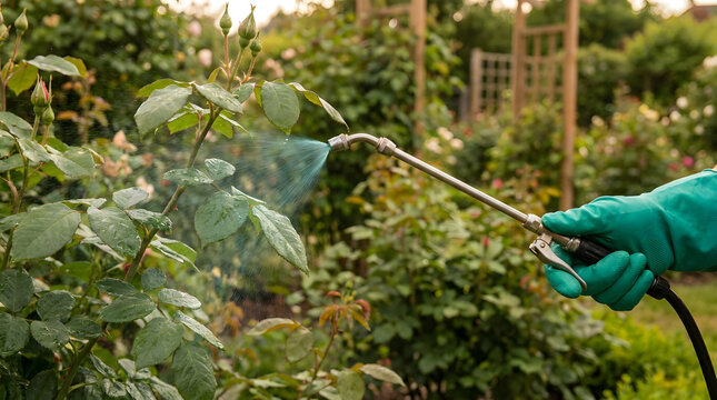 gardening maintenance spraying roses | pest control for rose bushes in garden | gloved hand applying liquid fertilizer to plants | protecting rose leaves from diseases and pests