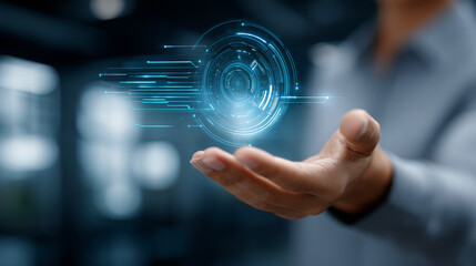 Fototapeta premium Futuristic digital interface hovering above an open human hand, symbolizing innovation and advanced technology. Modern business concepts and virtual data visualization are depicted