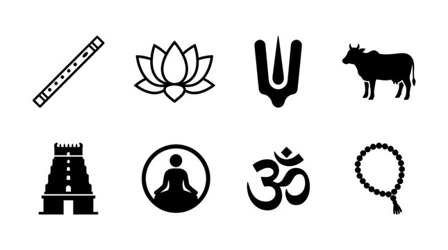 Hinduism icons collection with flute, lotus, cow, temple and om symbol