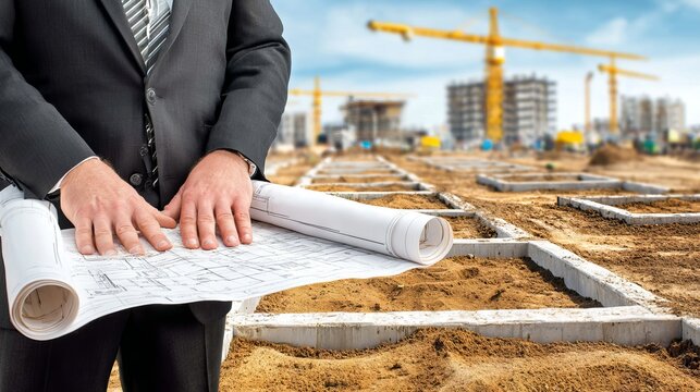 Man with Blueprint at Construction Site of Divided Land Plots