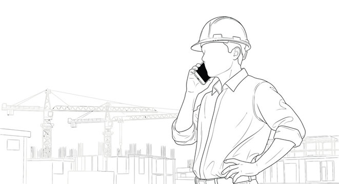 Construction worker with smartphone and building site line art silhouette