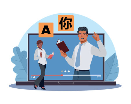 Online language learning. Live video training, native speaker lesson, remote studying with tutor, digital education scene, video player interface on laptop, vector cartoon isolated concept