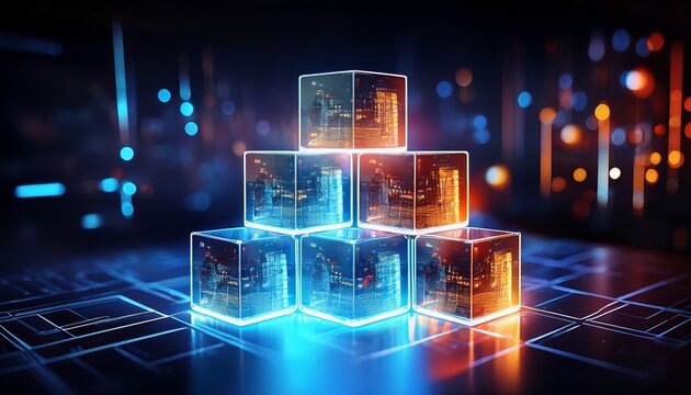 a stack of glowing cubes representing data apps and llm technology