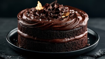 Obraz premium Double chocolate layer cake with rich ganache swirls and gold leaf on dark stoneware in sharp focus macro for premium confectionery branding
