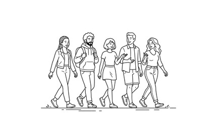 Obraz premium Group of diverse young people walking together line art illustration.