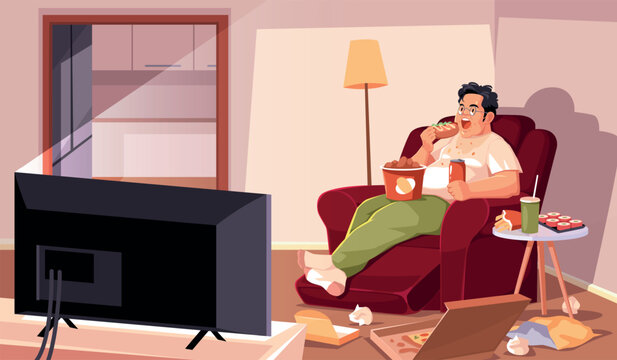 Gluttony people. Fat man eats fast food while watching tv, bad habit, overeating and bulimia, obsessive eating disorder, fast food snacks and soda, tidy vector cartoon isolated concept