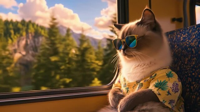 Cat wearing sunglasses enjoys a scenic train ride journey with stunning mountain landscapes. Adventure and travel concept. Animal relaxation.