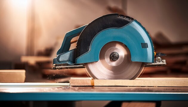 close up of circular saw blade cutting wooden panel in workshop