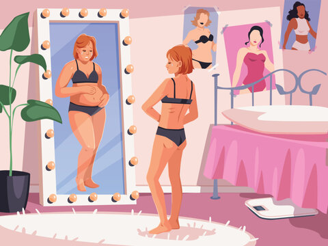 Anorexia nervosa. Very thin woman stands at mirror, distorted self perception, reflection with overweight, obese girl, tidy vector cartoon isolated body image and weight control concept