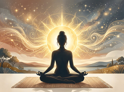 Silhouette meditating under cosmic energy at lakeside sunset