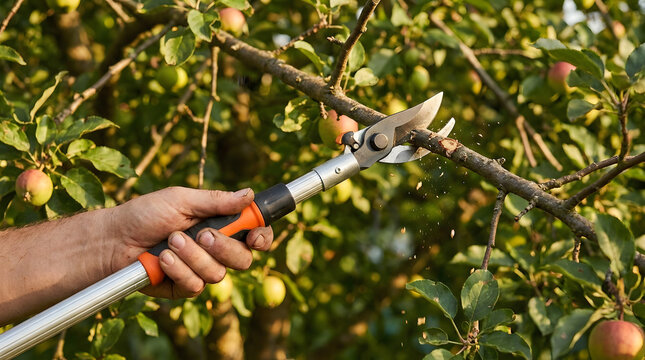 Pruning apple trees in orchard | Telescopic tree pruner for garden maintenance | Trimming fruit tree branches in autumn | Professional orchard maintenance and tree lopping
