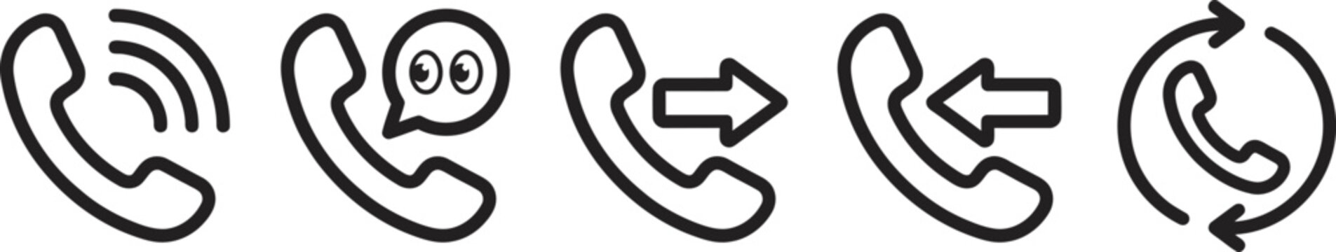 Set of black line icons representing different phone call states including incoming outgoing missed and message notification for communication and business apps