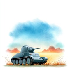 Fototapeta premium Watercolour cartoon battlefield scene with abandoned tank at sunset for poster or card design