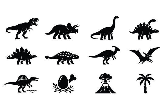 Dinosaurs and prehistoric creatures are depicted in this set of black silhouette illustrations.