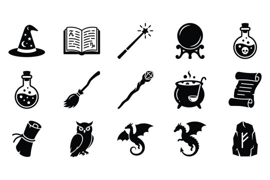 Magic themed icons feature mystical objects and creatures associated with fantasy and sorcery lore.