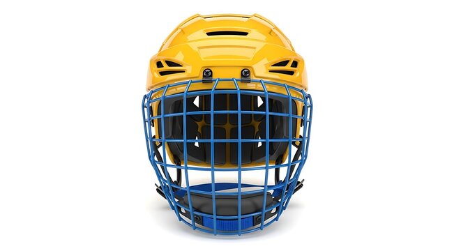 Yellow hockey helmet with blue cage sports protective gear ice hockey mask.