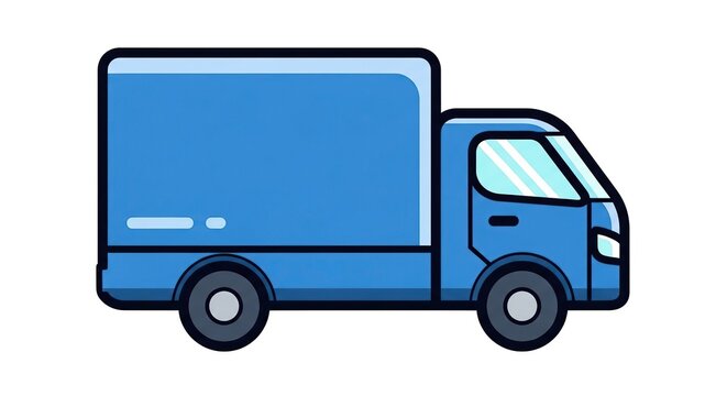 Blue delivery van driving on empty road isolated on white background