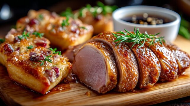 Tender slices of perfectly roasted duck are beautifully arranged beside rich potato pancakes topped with nuts. A dark, flavorful sauce adds a perfect finishing touch to the dish
